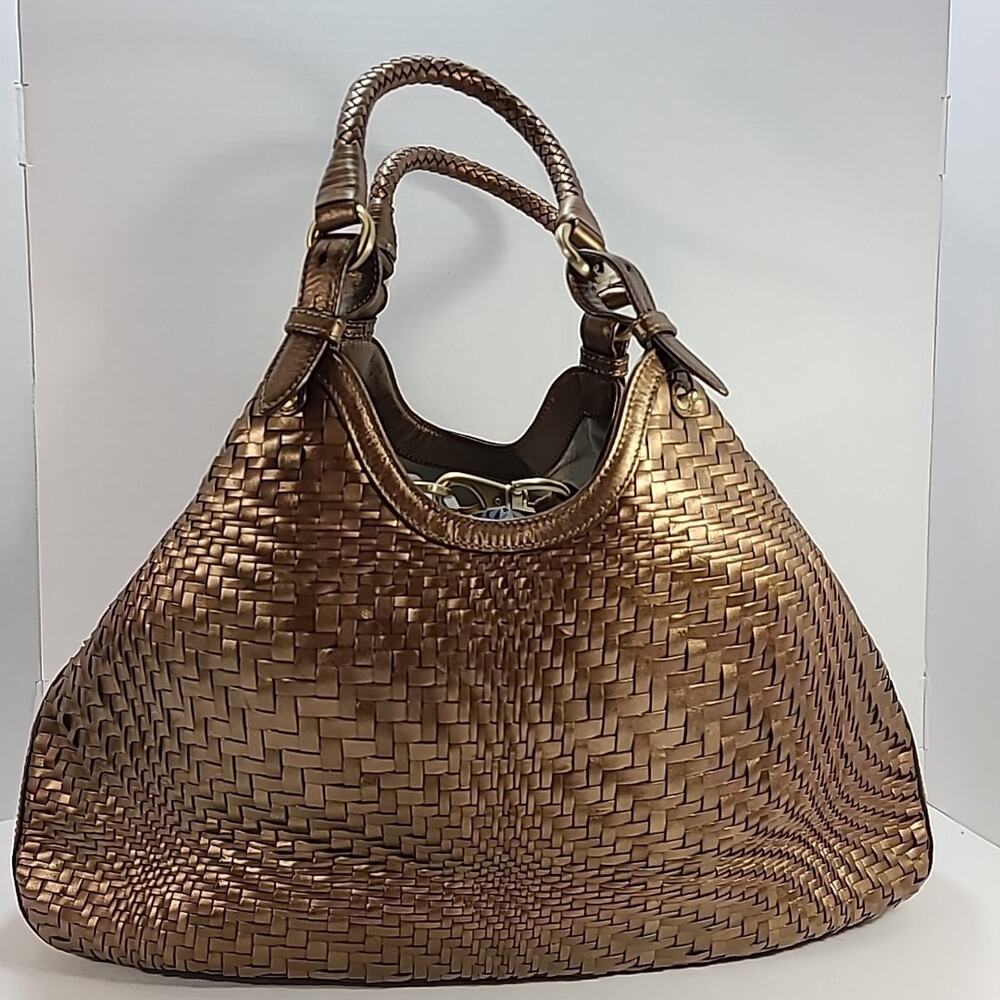 Vintage COLE HAAN Genevieve Woven Leather Triangle Tote Hand Bag Bronze